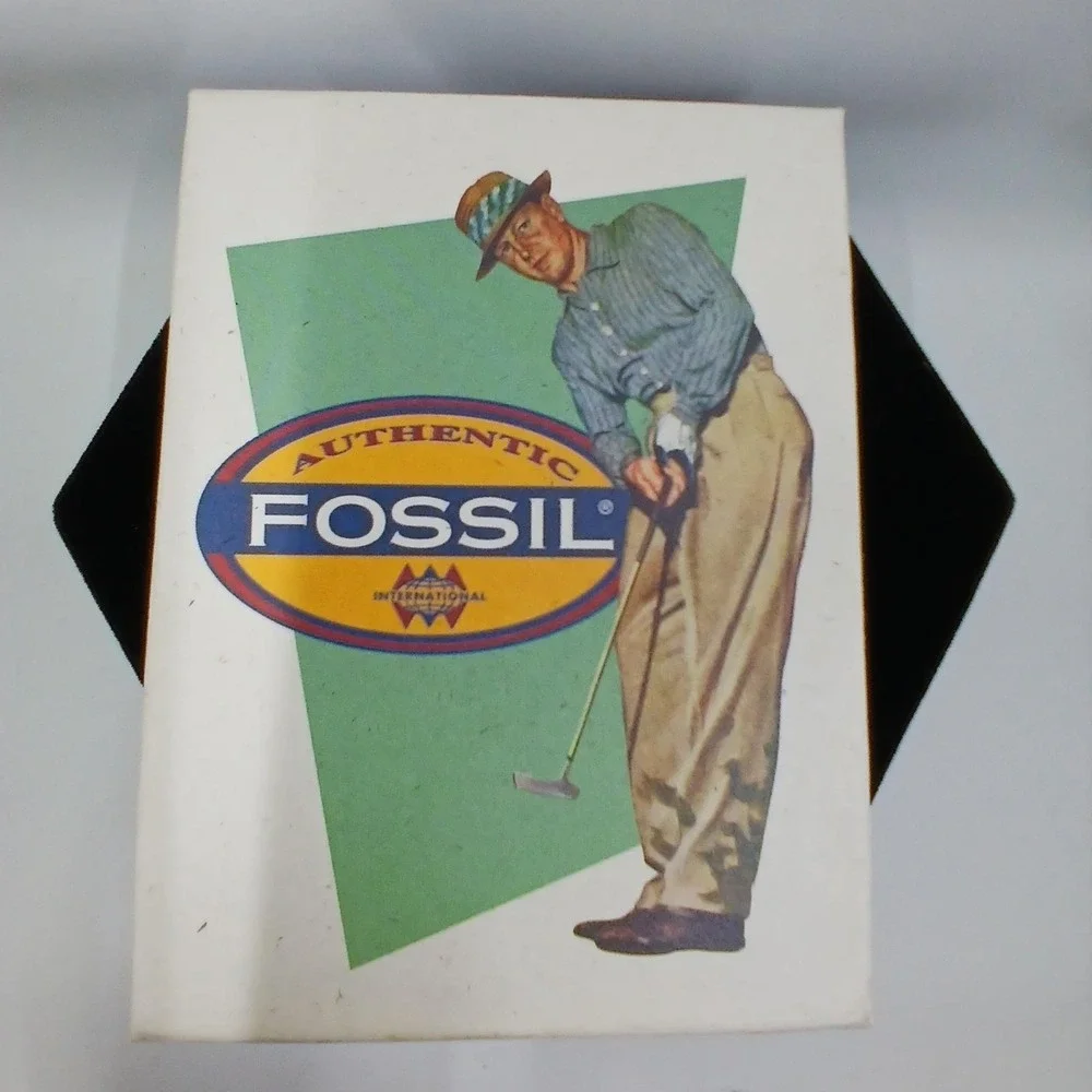 Fossil‎ Leather Wallet Mens One Size Black Trifold Golf Theme Boxed Logo